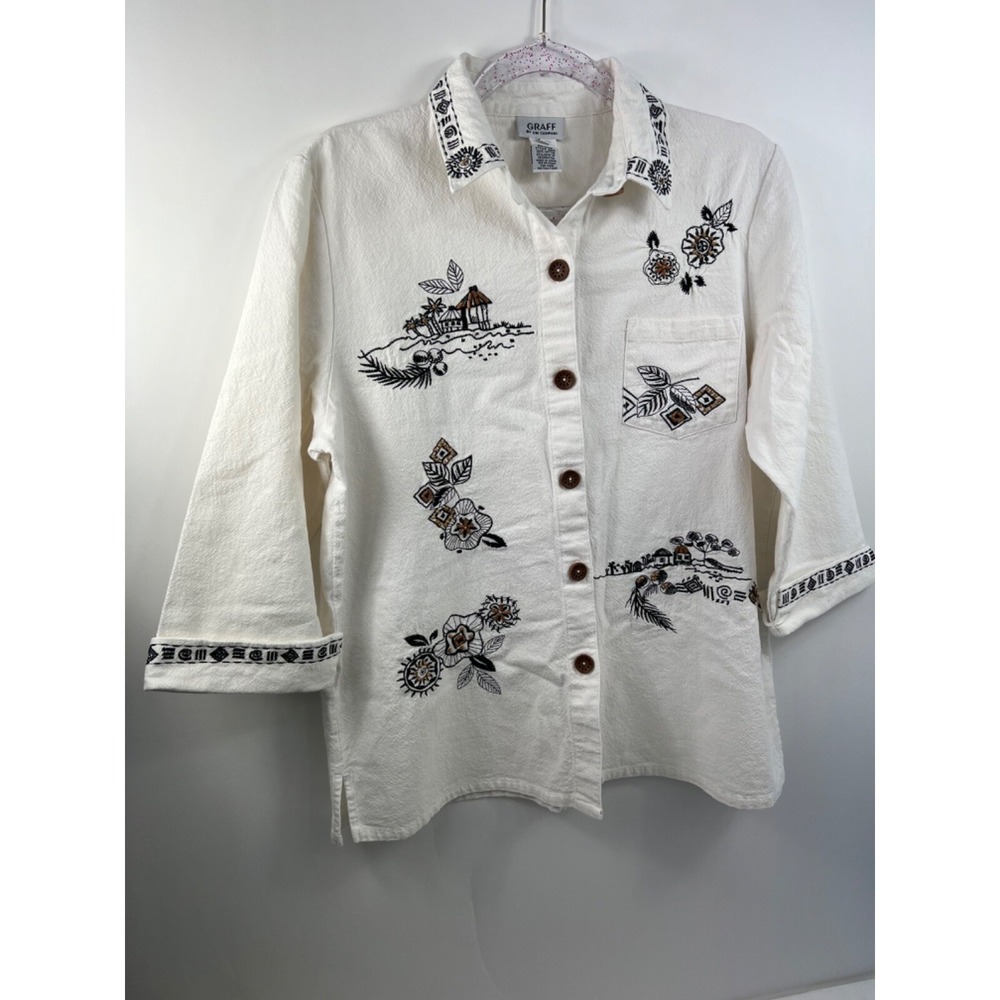 Graff by UM Company Shirt Women's Size M White with Black Embroidery & Beads